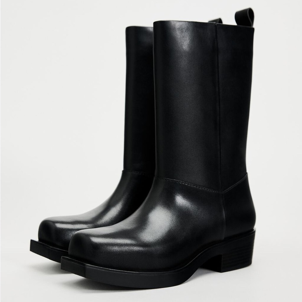 Zara leather square toe ankle boots Black NWT